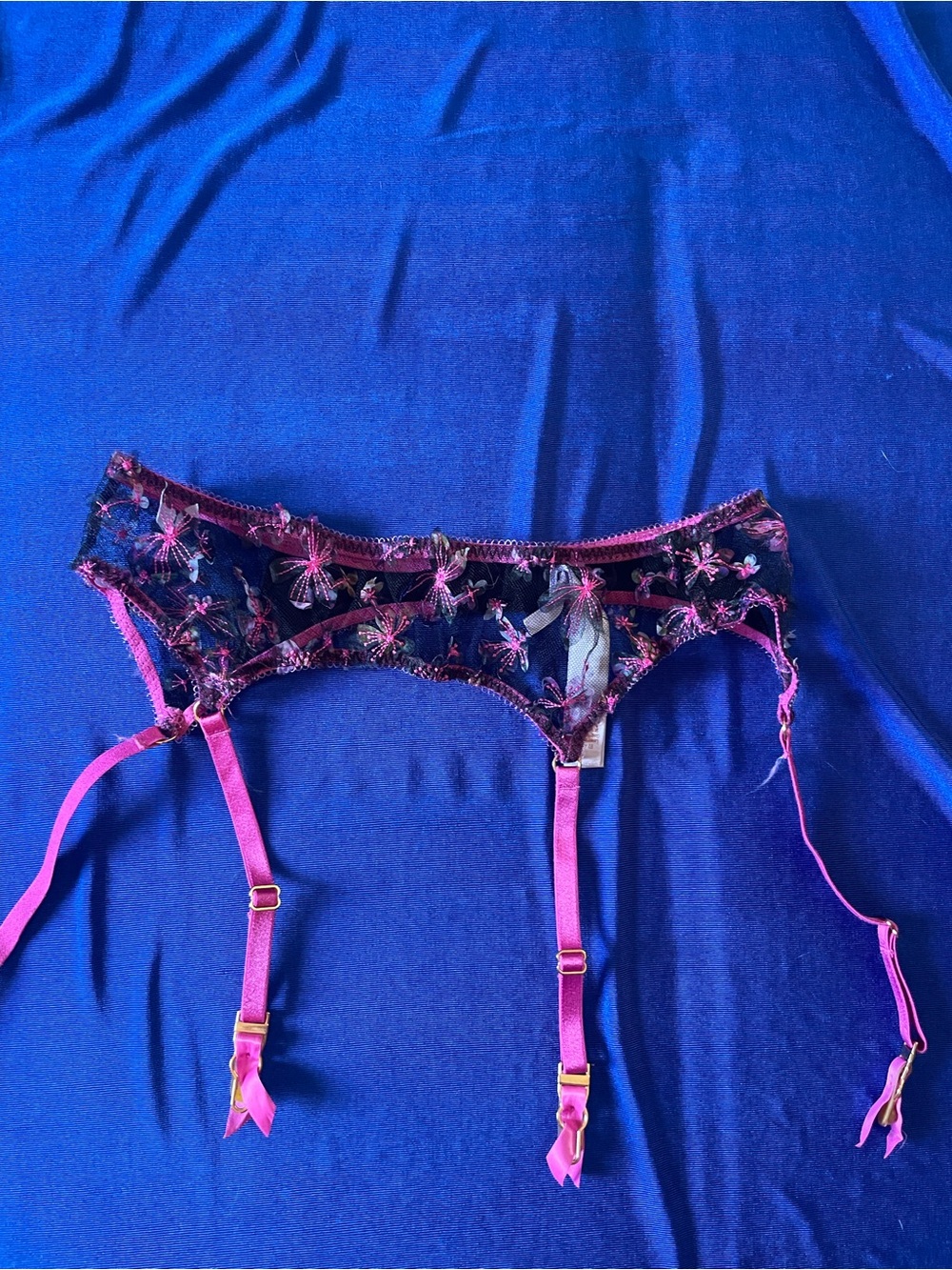 Savage X Fenty Sheer Floral Embroidered Garter Belt - Fuchsia Black